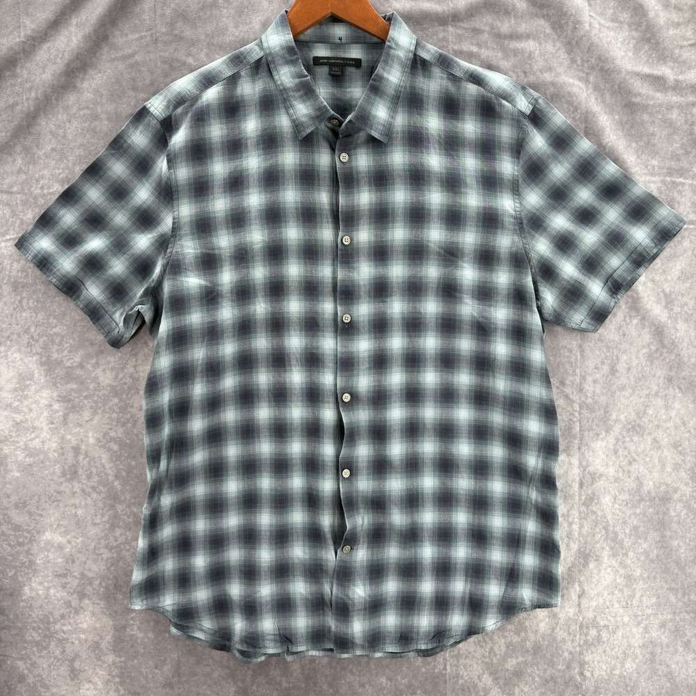 John Varvatos Shirt Mens XXL Gray Plaid Short Sleeve Lightweight Button Down